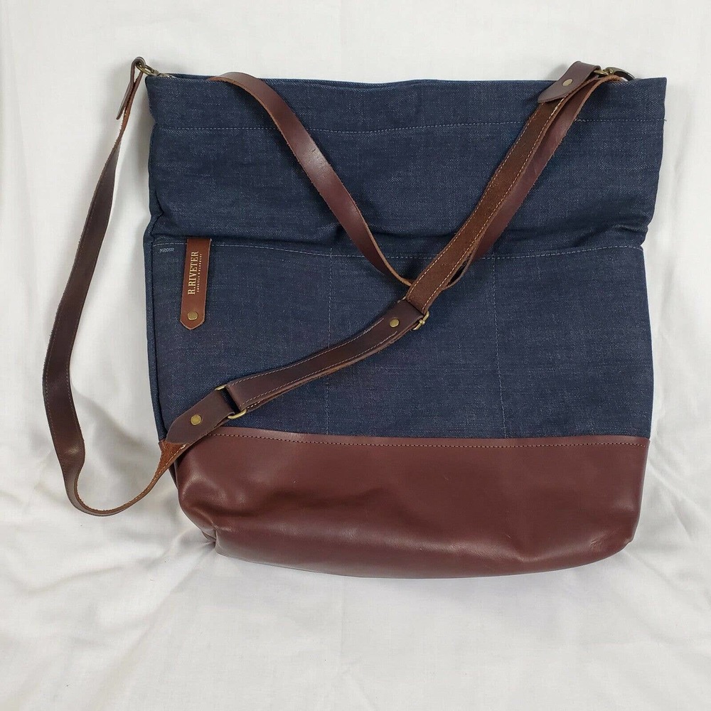 R. Riveter Doyle Carry All Canvas Tote w/ Leather Trim Blue/Brown